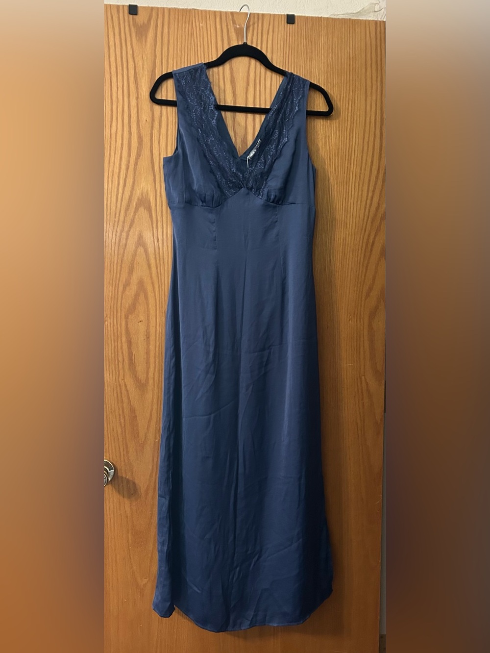 Sage Navy Blue Lace-Trim Slip Dress